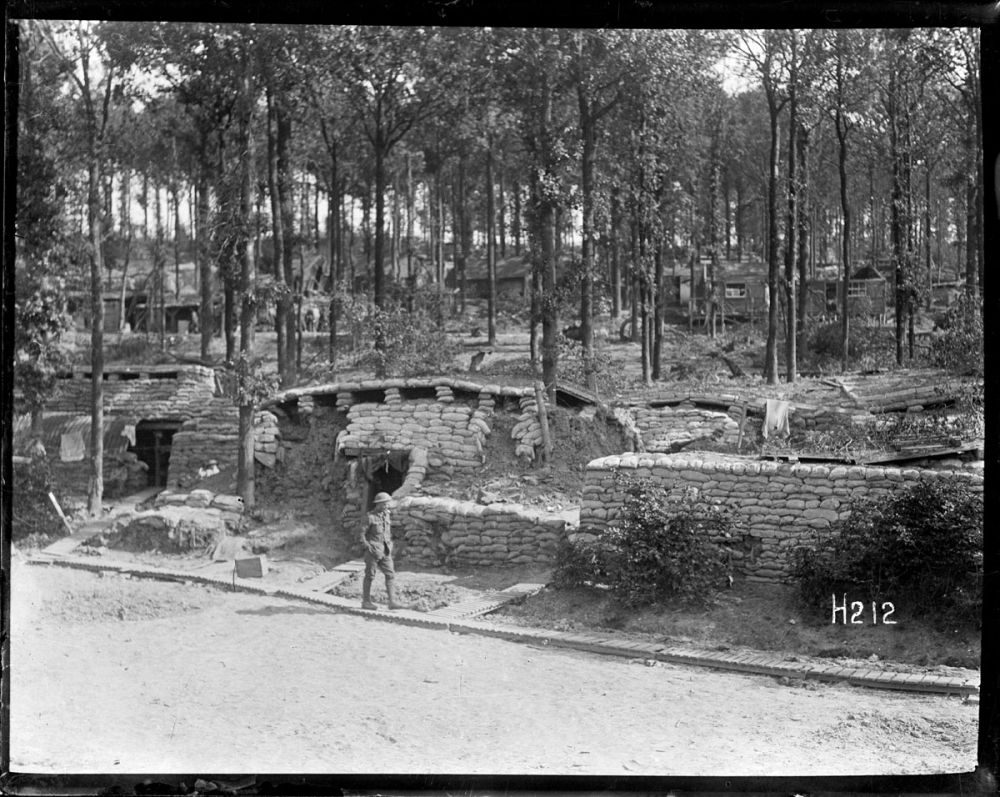 A soldier walks past an orderly network of well sand-bagged dugouts in Ploegsteert Wood. 1917.